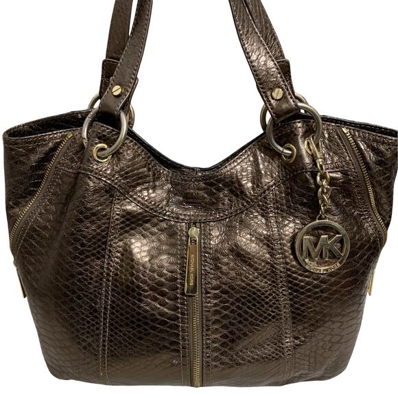 MICHAEL KORS Bronze Snakeskin Embossed Leather MOXLEY Shoulder Tote - Picture 16 of 16